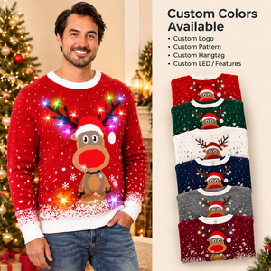 Pull de Noël personnalisé OEM, motif renne et flocon de neige, avec éclairage LED, tricoté - Product Image 1