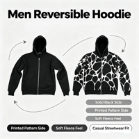 Sweat à capuche réversible pour homme MH1195, personnalisable, noir uni et motif imprimé, veste à capuche décontractée en coton, streetwear