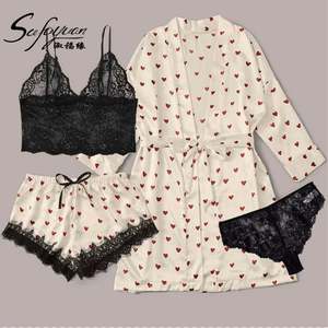 Sfy-y5039 Conjunto de Pijama de Satén Transpirable y Suave para Mujer, Manga Larga, Cintura Elástica, Camiseta de Encaje Transparente, Pantalones y Bata para Verano - Product Image 1