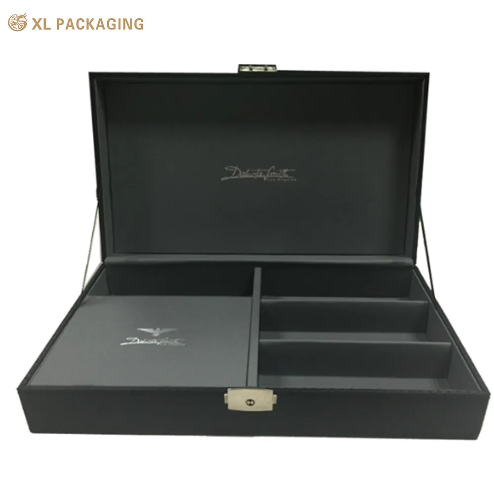 Caja de cartón con bisagras de papel negro de lujo, embalaje de cosméticos personalizado para el cuidado de la piel, caja de regalo con cerradura de Metal