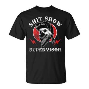 Camiseta con diseño de calavera de Supervisor de Shit Show, diseño sarcástico con humor laboral, cuello redondo negro - Product Image 1