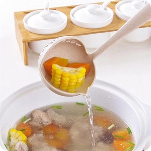 Cuillère à soupe à long manche en paille de blé 2 en 1 Passoire de cuisine Passoire de cuisine Louche en plastique Vaisselle - Product Image 2