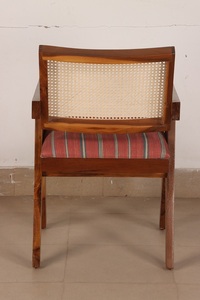 Nordic Style Arm <b>Chair</b> with <b>Cane</b> Woven Backrest and Striped Upholstered Seat Solid Wood Frame for Modern Home Cafe Restaurant - Product Image 4