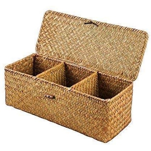High Quality Pure Water Hyacinth Three Compartment Storage <b>Basket</b> With <b>Foldable</b> Lid Custom Logo Vietnam Factory - Product Image 5