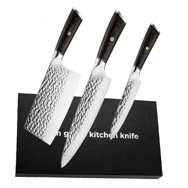Handmade forge 3 pieces high quality kitchen knife set with polish on blade and Pakkawood handle gift knife