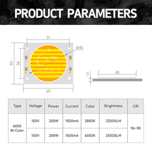 LED COB bicolore haute puissance 6050 200W+200W, haute tension 150V, Ra97 élevé, 2700+6500K, puce LED pour éclairage photographique et éclairage industriel (High Bay) - Product Image 3