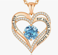 Collier pendentif en forme de cœur pour femme avec chaîne à maillons, zircone cubique, alliage de zinc, douze pierres de naissance, design double couche