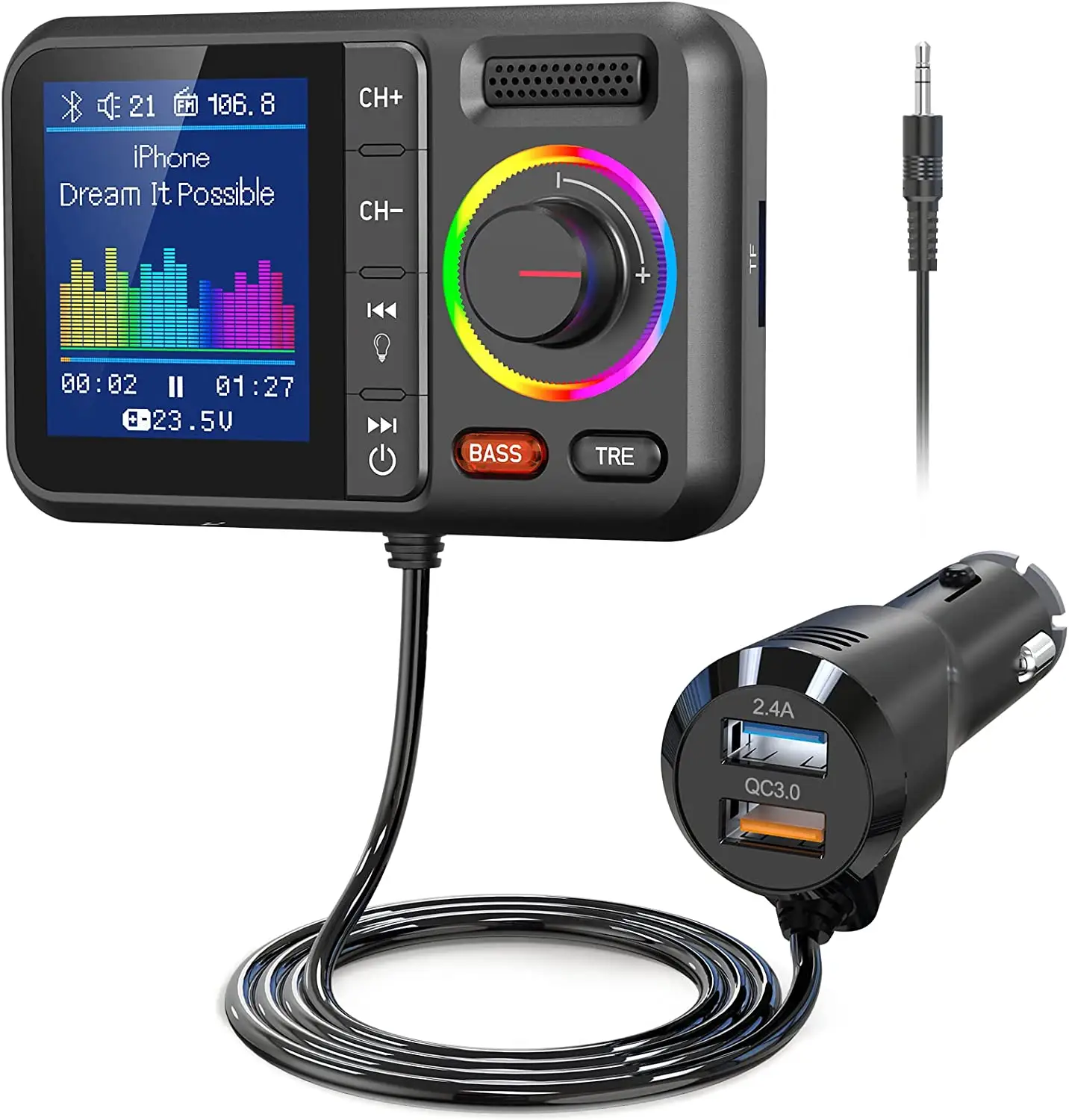 KM28 컬러 스크린 BT V5.0 QC3.0 듀얼 USB 자동차 Mp3 플레이어베이스 부스터 음악 AUX TF 카드 SIRI GOOGLE 통화 키트 라디오 FM 송신기