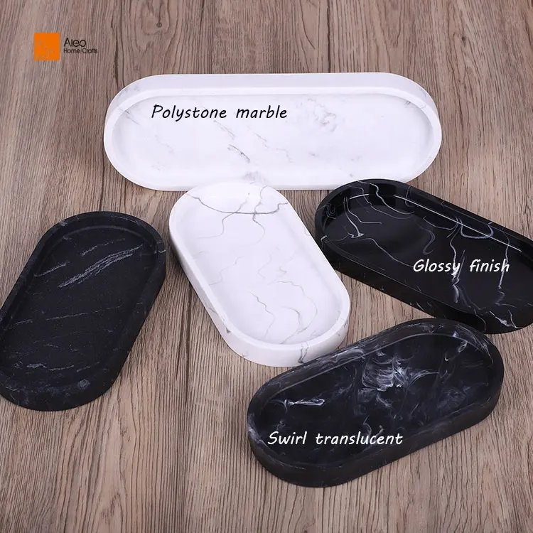 BSCI Certified Black Resin Marble Bathroom Vanity Tray Waterproof Perfume Jewelry Dresser Oval Serving Trays Home Decor Polished