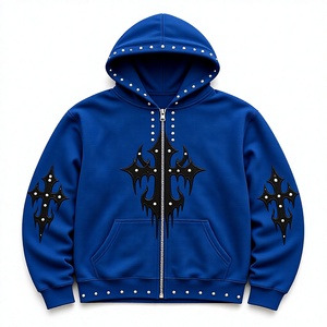 Chaqueta de Forro Polar con Cremallera Azul para Hombre, Estilo Urbano, con Parches de Cruz Gótica y Tachuelas, Venta al por Mayor, OEM Personalizado - Product Image 1