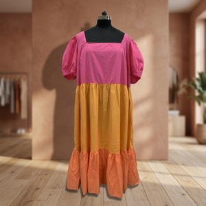 Color Block Midi <b>Dress</b> Square Neck Puff <b>Sleeve</b> Loose Fit Ruffle Hem Casual <b>Summer</b> Style Woven Polyester <b>Dress</b> - Product Image 4