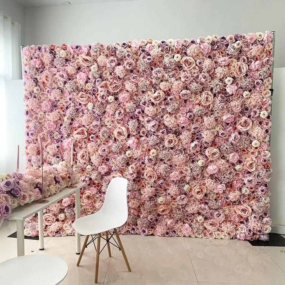 K01 matras latar belakang bunga dekorasi panggung pernikahan Panel latar belakang dinding bunga mawar sutra merah muda 3D menggulung kain dinding bunga buatan