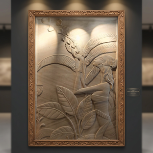 Arte mural de tallado en piedra tropical: Danza entre las palmeras, escultura decorativa en relieve - Product Image 1