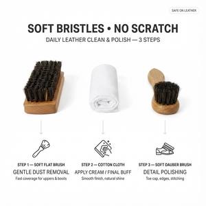 Kit de 3 Piezas para Pulir Zapatos al por Mayor, Cepillos de Cerdas Suaves de Crin de Caballo + Mango de Madera de Haya + Paño de Algodón, Pulido de Cuero Sin Rayones, OEM - Product Image 2