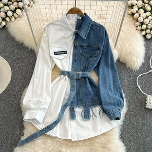 Modieuze Vintage Denim <span class=keywords><strong>Blouses</strong></span> Tops Lange Mouwen Slanke Taille Contrast Damesshirts Casual Patchwork Elegante Jeans Tops - Product Image 2