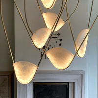 Lustre LED en Alabâtre à Feuilles Organiques, Suspension Courbe Dorée de Luxe pour Plafond Haut, Hall d'Entrée et Escalier