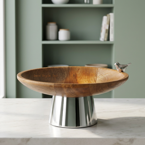 Bol rond en bois de manga, 14 pouces, sur socle en aluminium et métal avec oiseau, 1 pièce - Product Image 3