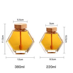 Tarro de miel de vidrio hexagonal de 100ml, 220ml, 380Ml, con cucharón de bambú, contenedor de miel con tapa de bambú de madera - Product Image 1