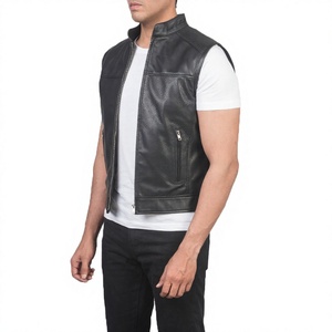 <b>Men's</b> PU Leather Moto Biker Vest Stand Collar Zipper Closure Solid Color Autumn Outerwear - Product Image 1