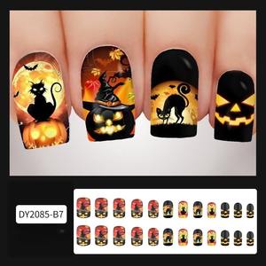Fournitures pour ongles Produits de beauté Appuyez sur les ongles <span class=keywords><strong>Halloween</strong></span> <span class=keywords><strong>Orange</strong></span> Night Evil Pumpkin Hat Cat Nails Wearable Reusable 24Pcs Finger - Product Image 2