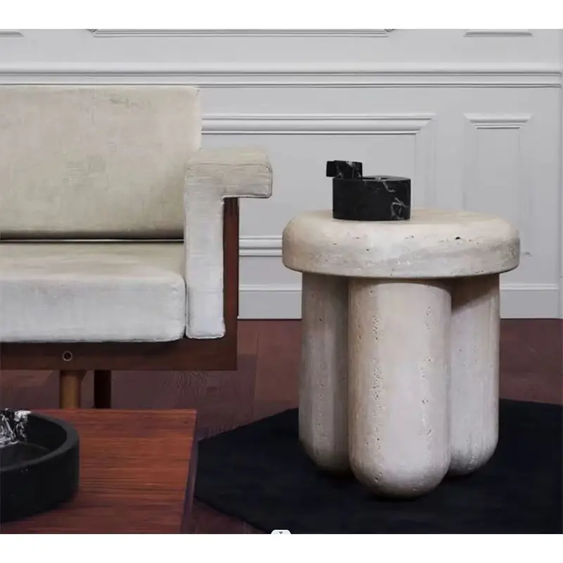 HZX benzersiz Tripod tasarım İtalyan tarzı nodic ev mobilya yuvarlak doğal taş traverten yan masa traverten sandalye