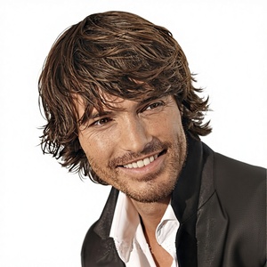 วิกผมธรรมชาติสำหรับการค้าต่างประเทศ แฟชั่นยุโรปอเมริกา ทรงผมสั้นผู้ชาย ลอนออกด้านนอก สีน้ำตาล หนาแน่น มีแสกข้าง - Product Image 1