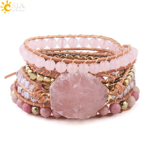 CSJA fait à la main bohème énergie <span class=keywords><strong>pierre</strong></span> <span class=keywords><strong>naturelle</strong></span> <span class=keywords><strong>Quartz</strong></span> <span class=keywords><strong>Rose</strong></span> tissé pierres précieuses brutes couches enveloppes guérison cristal <span class=keywords><strong>Bracelet</strong></span> bijoux S308 - Product Image 1