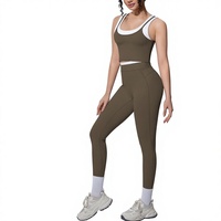 Nouvel ensemble de yoga 2 pièces sportif en Spandex/Nylon côtelé color-block, débardeur et bas taille mi-haute, moulant, très extensible et respirant