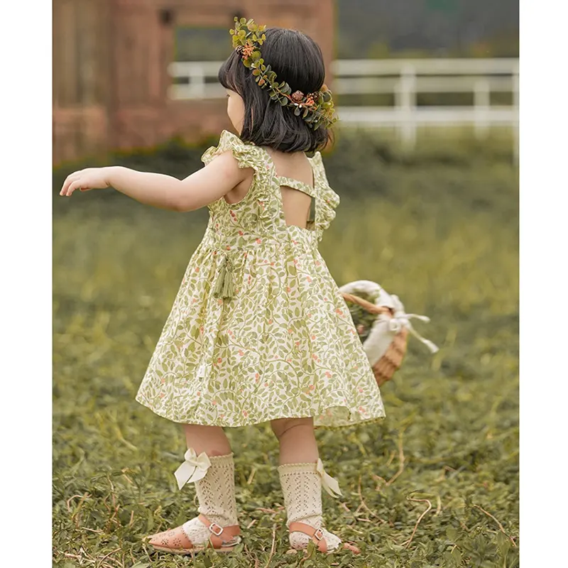 2023 Wholesale Girl Summer Dress Printed Kids 100% Cotton Dresses Square Collar Fly Sleeve Baby Dresses