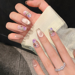 <span class=keywords><strong>Uñas</strong></span> postizas de ataúd medianas estilo francés rosa con <span class=keywords><strong>flores</strong></span> <span class=keywords><strong>secas</strong></span> y ojo de gato, de presión, para dedos. - Product Image 1