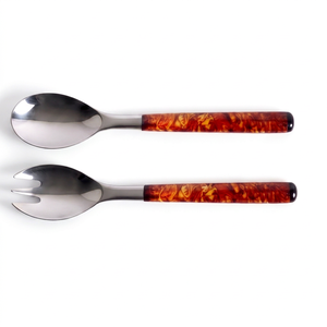 Ensemble de saladiers en résine de bois de burl avec têtes en acier poli miroir et manche en résine de bois de burl marron, idéal pour la cuisine, la table et l'hôtellerie - Product Image 1