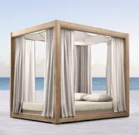 Cama de Sol de madera de estilo moderno de lujo, dosel para exteriores, cama de día de teca con cortinas