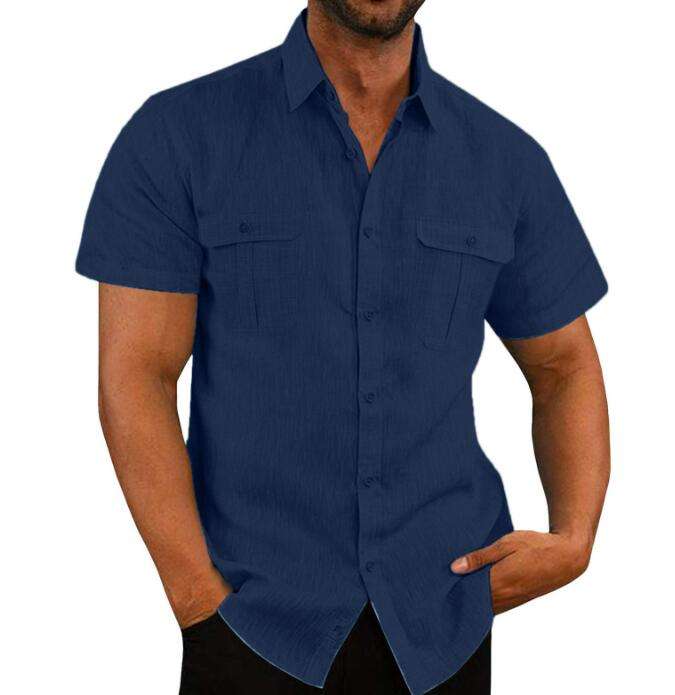 Men's Double Pocket Cotton Linen Shirt Quick Dry Casual