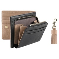 Portefeuille court en cuir véritable avec motif litchi, style japonais, blocage RFID, pendentif pompon, porte-monnaie unisexe portable