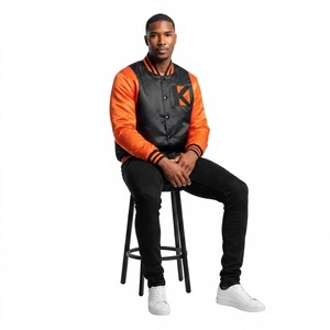 KVJ118 Bomber Varsity da <span class=keywords><strong>uomo</strong></span> in raso per inverno nero arancione <span class=keywords><strong>senza</strong></span> colletto con ricamo serigrafia - Product Image 6