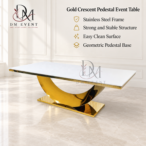 Mesa de Comedor Rectangular Moderna de Acero Inoxidable Dorado con Base Escultural en Forma de Media Luna para Bodas y Eventos, Venta al Por Mayor - Product Image 3
