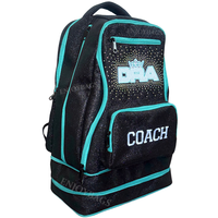 Sac de cheerleading noir avec fermetures éclair turquoise, logo de club personnalisé, strass AB, sac à dos personnalisé pour athlètes de cheerleading et de danse