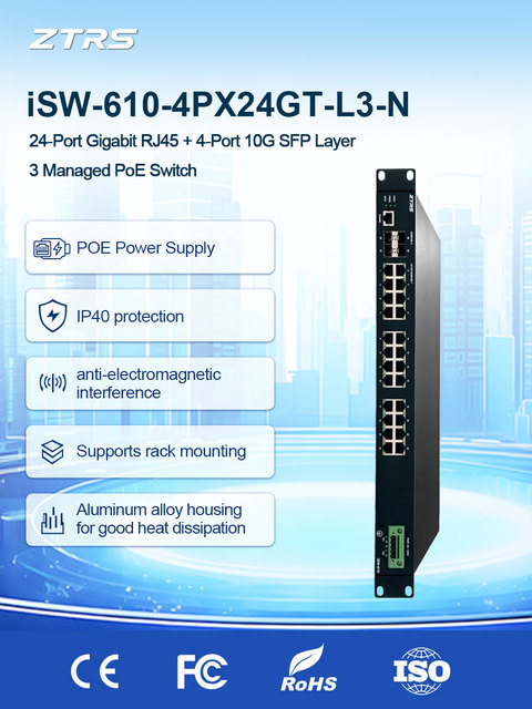 ZTRS 24-port 1000M L3 Managed Rack-mount PoE Switch, Supports SNMP, QoS, LACP, Suitable for Industrial Environments.