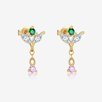Boucles d'oreilles pendantes élégantes en argent 925 plaqué or 18 carats, motif feuille, avec zircon vert CZ taille marquise