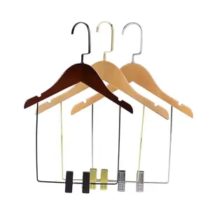 Custom Baby Male Female Metal Wire Drop Bar Natural Wooden Suit Coat Pant Hanger Skirt Hangers with Clip Rod