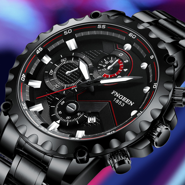Fngeen 5757 Black Watch Men's Quartz Waterproof Watches Sport Men Hot Fashion Style Luxury Stainless Steel Band Wristwatch