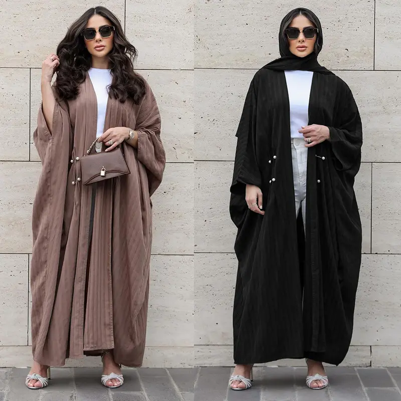 Grosir Ramadan desain baru Dubai Abaya Turki pakaian Islami sederhana berkerut terbuka Abaya wanita gaun Muslim Kimono Abaya