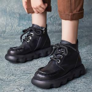 Bottines à bout rond en cuir de vache à semelle souple, style britannique, avec fermeture éclair latérale, plateforme, bottes Martin, chaussures pour femmes, nouvelle collection automne et hiver - Product Image 3