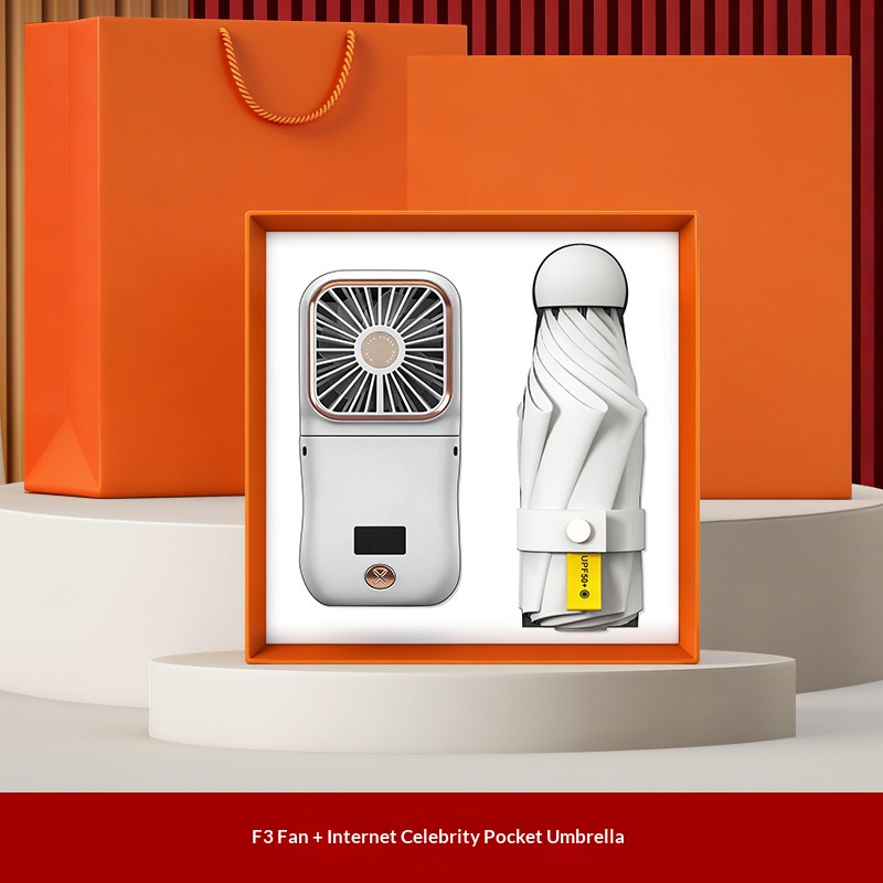 Conjunto blanco de dos piezas: Paraguas de influencer + Ventilador F3