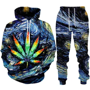 Art Oil Painting Design 3D Leaf Print Men's Sports Suit Hoodie and Pants Set 2pcs Customized Wholesale Casual Streetwear Hoodies