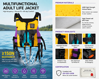 Gilet de sauvetage pour sports nautiques pour adultes à haute flottabilité 150N, tissu Oxford réglable, pour kayak, rafting, navigation de plaisance, pêche
