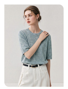 T-shirts décontractés à manches courtes pour femmes en lin et coton avec col à paillettes et rayures, hauts respirants, mode féminine - Product Image 4