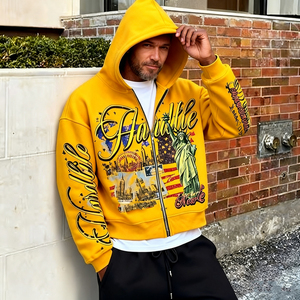 Custom Street Style Graphic Print Cotton Fleece Washed <b>Cropped</b> <b>Zip</b> <b>Up</b> Baggy Hoodie - Product Image 3