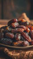 Verse bruine dadels, ovale vorm, gerimpelde textuur, met pit, natuurlijke gedroogde fruitsnack