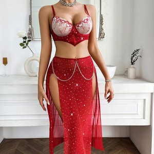 Conjunto de Lencería Sexy y Seductor con Falda Larga, Nuevo Conjunto de Brasier y Braguita de Malla Transparente con Efecto Push-Up - Product Image 4